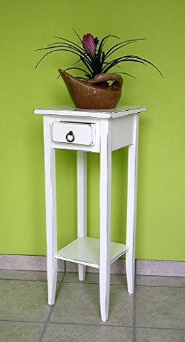 CASA Massivholz Blumenhocker mit Schubladen und Ablage 32x80x32cm, Pappel massiv weiß antik Vintage lackiert