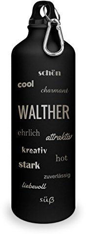 Trinkflasche mit Namen Walther - graviert mit Positive Eigenschaften, Aluminiumflasche mit Gravur, Sportflasche - matt schwarz