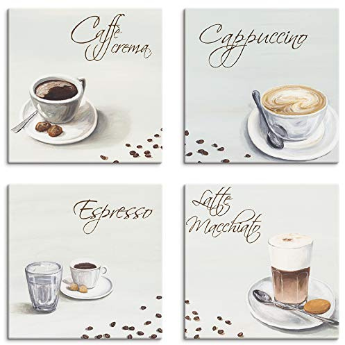 ARTLAND Wanddeko Küchenbilder Leinwand Bilder Set 4 teilig je 30x30 cm Quadratisch Kaffee Bilder Getränke Kaffee Cappuccino Espresso Latte Macchiato A6PT