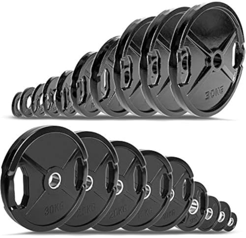 C.P. Sports Olympiascheiben als Paar – GUSS oder GUMMIERT – 0,5 KG bis 30 KG – Hantelscheiben/Gewichte/Weight Plates 50mm aus Gusseisen mit Grifflöchern – für Gewichtheben und Kraftsport