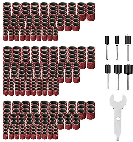 307-teiliges Schleiftrommel-Set mit 300 x Trommelschleifbandhülsen (80#120#240#), 6 x Trommeldorne (2,35 mm 3,17 mm) und 1 x Doppelschlüssel für Dremel Rotationswerkzeug Nagelbohrer-Bits