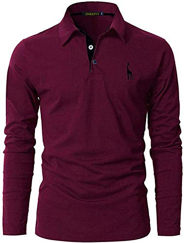 GNRSPTY Mens Polo Long Sleeve Shirt Cotton Golf Giraffe Tops,Red Wine,L