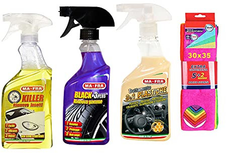 Set MAFRA killer rimuove insetti, black rinnova gomme 3plus, trattamento plastiche 3in1 più confezione di 7 panni in microfibra 30x35 cm