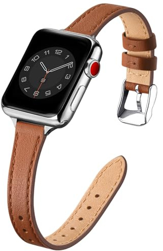 Läderarmband kompatibelt med Apple Watch-armband 42 mm (serie 11 10) 41 mm 40 mm 38 mm, dam tunt ersättningsband, smala armband för iwatch serie 11/10/9/8/7/6/5/4/3/2/1, SE 1–3 (brun och silver)
