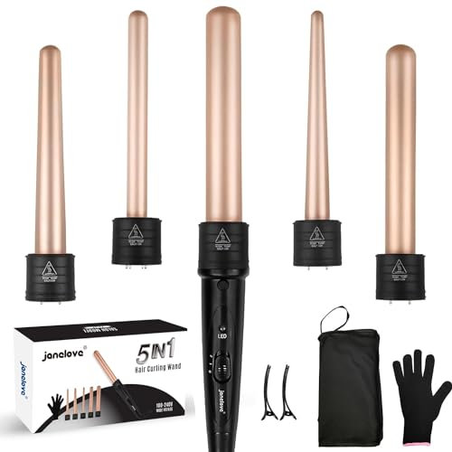 janelove 5 in 1 Wand Curling Iron Set, Ceramic Hair Curling Iron(0.35”-1.25”), Hair Curler for All Hairstyle, with Adjustable Temperature Dual Voltage, Instant Heat up, with Glove & 2 Clips(Gold)