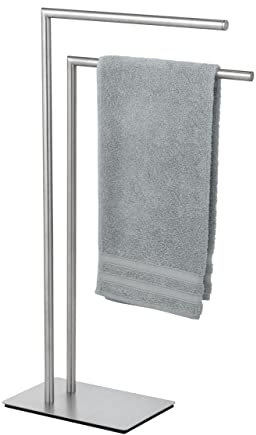 WENKO Handtuchständer Mod. Recco, freistehender Handtuchhalter aus satiniertem Edelstahl mit Schwerer Bodenplatte für sicheren Stand, Zwei Stangen zur Aufbewahrung von Handtüchern, 48 x 80,5 x 20 cm