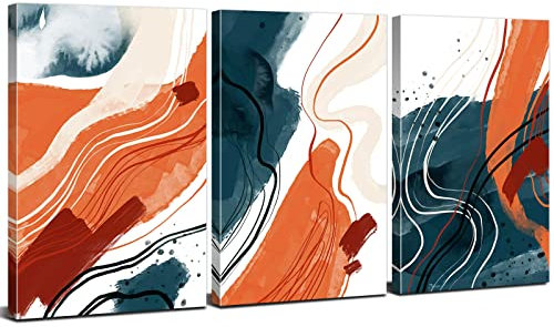 Abstract Canvas Wall Art Orange Wall Art Boho Decor Navy Blue Pictures for Bedroom Walls Neutral Line Marble Posters Prints Modern Watercolor Paintings Framed Artwork Home Decorations 12x16 3Pcs