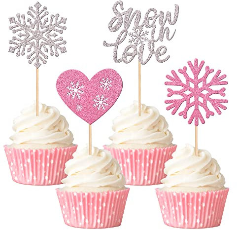 Xsstarmi 24 Stück Snow in Love Cupcake-Topper Glitzer Liebe Herz Cupcake Picks für Hochzeit Verlobung Thema Brautdusche Geburtstag Party Kuchen Dekorationen Zubehör Silber und Rosa