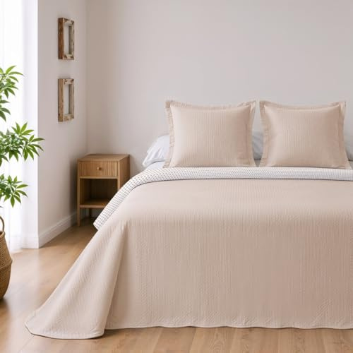 BOHEME Colcha Reversible de Microfibra Arena Cama 150+2 Fundas de Cojín | Incluye 1 colcha (250x270 cm) y 2 fundas de 50x70 cm. Ligera, transpirable, de secado rápido e ideal para entretiempo.