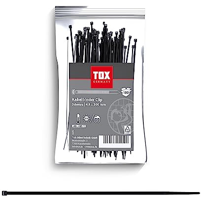 TOX Brida sujetacables, negra, resistente a los rayos UV, de uso universal en interiores y exteriores, para una fijación segura en el hogar y el jardín, tamaño 4,8 x 300 mm, 100 unidades, 099600028