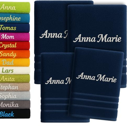 4er Pack Personalisiertes Handtuch und Badetuch mit Namen Schön gestickter Name Handbadetuch 100 % Baumwollhandtuch 2x (50 x 100 cm) + 2x (140 x 70 cm) Personalized Custom Towel with Name (Blau)