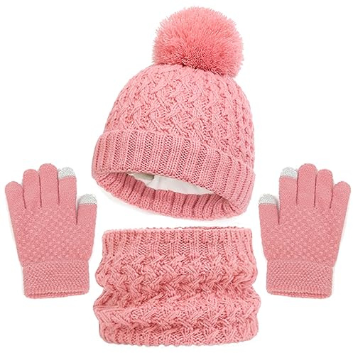 Baynetin Invierno Conjunto de Guantes de Bufanda de Gorro para Niños, Forro de Lana Niña Invierno Calentar Gorro Bufanda Sombrero Bufandas Guantes Tactiles Set para Niños Niñas 2-8 Años (Rosa2)