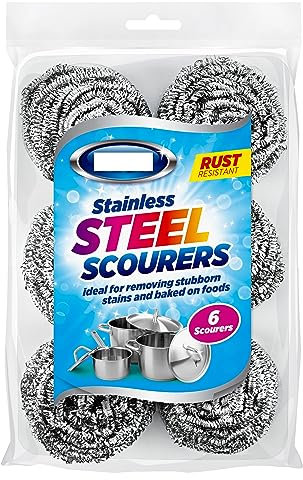 Stainless Steel 6PC Scourer Kettle Descalers Mesh Wire Ball For Uncoated Cookware Wool Scouring Pads Spiral Stain cleaning Removing Tough Grease Scrubber For Pots Pans Hobs Kitchen Bathrooms (6)