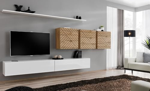 All4All Wohnwand SW VII mit Lamellen- Wohnzimmermöbel - Schrankwand für Wohnzimmer - Wohnzimmerschrank - Anbauwand Hängend - Modern - Mediawand - Möbel - Tv-Board - Wotan+Weiß - 21