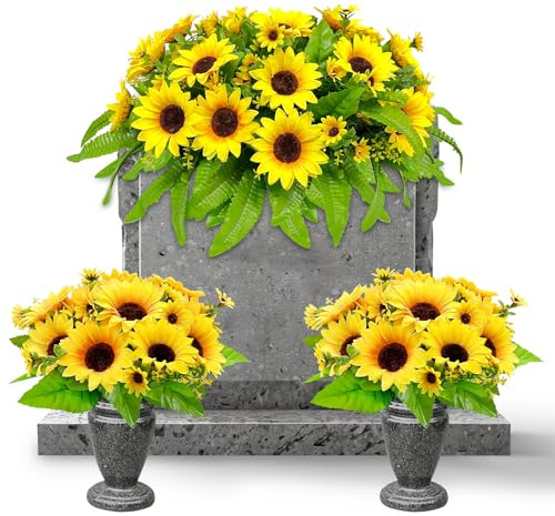 GRPFS Artificial Headstone Flower Saddle with Vase 3 Pieces Set Cemetery Flowers Yellow Sunflower Bouquet Grave Memorial Flower Arrangement