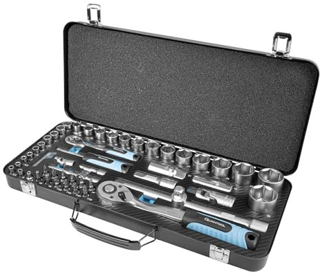 Quantool Steckschlüssel-Bitsatz 56-teilig - in robuster Metallkassette - Umschaltknarren, Einsätze 1/4, 1/2, Winkelschraubendreher aus CrV-Stahl - für Heimwerker, Werkstatt und Kfz-Arbeiten - Q25010