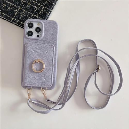SMIEK Crossbody Lanyard Leder-Handyhülle für iPhone 15 14 Plus 13 12 Mini 11 Pro Max Ring-Geldbörse mit Kartenhalter Stoßfeste Hülle, violett, für iPhone 14 Plus