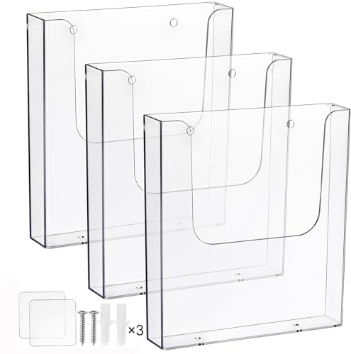 Suwimut 3 Pack Acrylic Brochure Holder, 8.5 x 11 Inch Brochure Holder Wall Mount, Clear Literature Organizer Pamphlet Flyer Display Plastic Magazine Holders for Wall