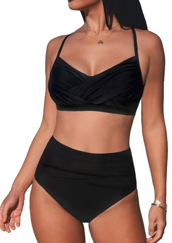 CUPSHE Bikiniset för kvinnor hög midja V-hals omlott korsad självrygg slips full täckning rynkad tvådelad baddräkt badkläder, Svart, M
