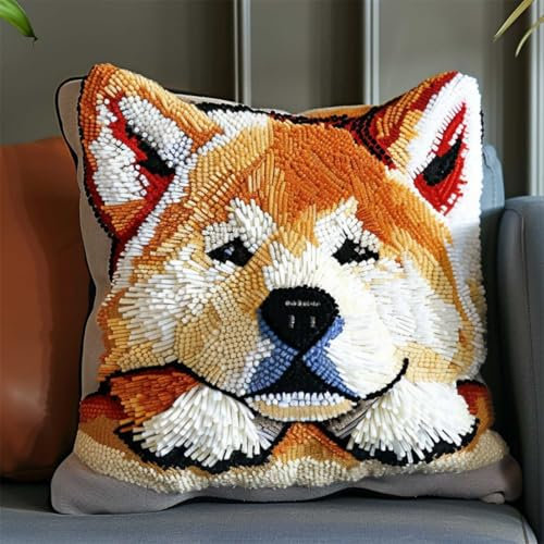 DIY knüpfen set anfänger Karikatur，Akita，Hund knüpfkissen mit vordruck Hund Tier DIY Wurfkissenbezug，Sofakissenbezug mit bedruckter Leinwand für Anfänger und Erwachsene mit vorgedruckte 43x43cm