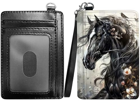 RWUTYTIUL Flower Horse Slim Minimalist Wallet with Lanyard Strap, PU Leather Front Pocket Wallet RFID Blocking Credit Card Holder Card Cases with ID Window for Man Woman Boy Girl