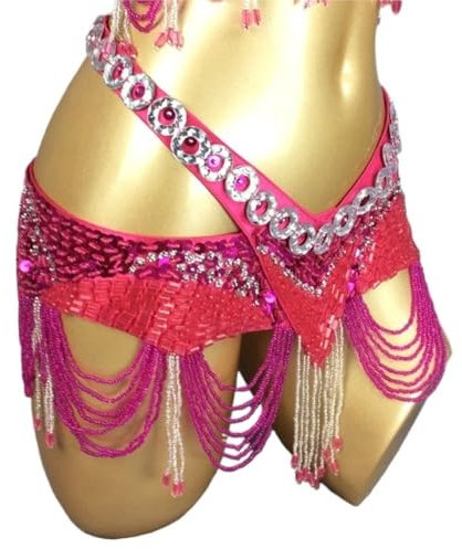 UGLYAF Bauchtanz-Kostüm for Damen mit Perlen und Pailletten, Hüfttuch, Wickeltuch, Bauchtanz-Gürtel mit Quaste, Bauchtanz-Taillenkette(HOT PINK,XXL)