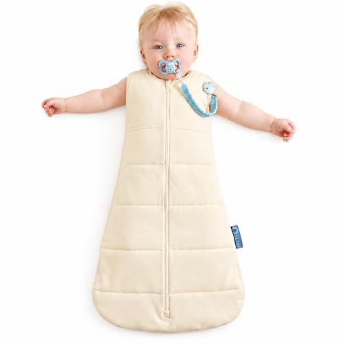 DandyLion Baby Sleeping Bag 2.5 TOG | Sleep Sack & Swaddle 3-12 Months | Breathable Cotton, Hip Healthy Design, Two-Way Zip, Dummy Clip, Unisex Cream.