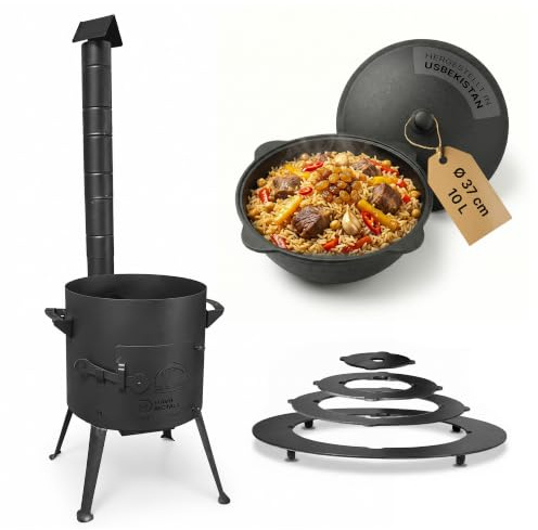 Utschak-Ofen Ø36cm Stahl 2mm mit Rauchrohr, Adapter-Ringen und 10L Kazan | Feuerofen Set mit Abzugsrohr, Kasan aus Gusseisen. Kochstelle für Garten, Gulaschkessel, Outdoor-Kochen, Uchag, Campingofen