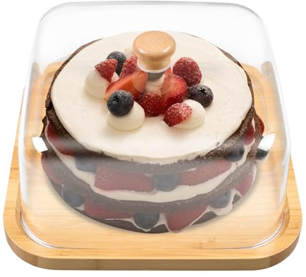 YedZen Cake Stand with Dome Lid, 28x28x16cm Bamboo Wood Cake Plate with Cover, Cake Display Stand with Clear Acrylic Dome for Anniversary, Birthday, Wedding, Party, Cheese, Café, Square