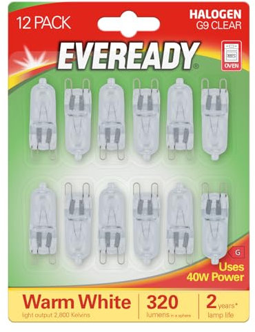 Eveready Halogen G9 Bulbs, 40W Dimmable, Warm White 2800K, 320 Lumens, Pack of 12 (12)