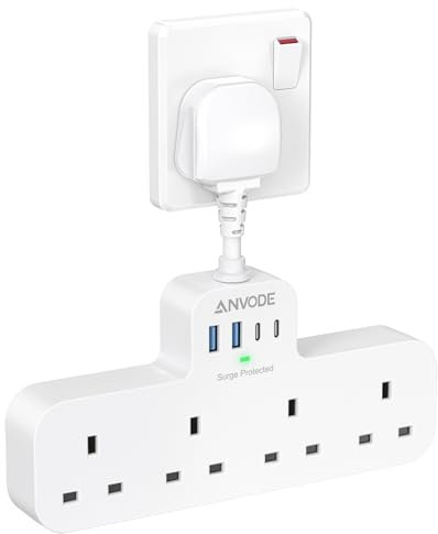 Multi Plug Extension Socket with 4 USB (2 Type C), ANVODE 4 Way Plug Adaptor with Short Cable, Adapter Plug UK Turn 1 to 8, Short Extension Lead Power Strip for Bedroom, Office, Kitchen. White