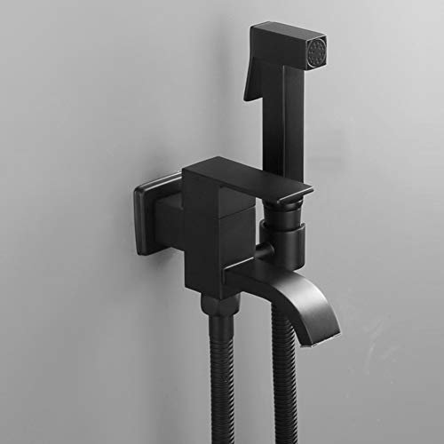 Bidet Faucet Douche Kit, Toilet Hand Held Shattaf Bidet Sprayer, Square Dual Outlet Mop Pool Faucet Tap, Single Handle Wall Mount Brass Bidet Faucet, Black,A,A