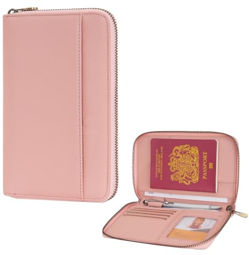 WASON Leather Zipper Travel Passport Wallet Holder RFID Blocking Cover, Passport case Pocket Slot for Card, Cash, ID, Boarding Pass and Ticket for Men, Women and Family Trips (Pink)