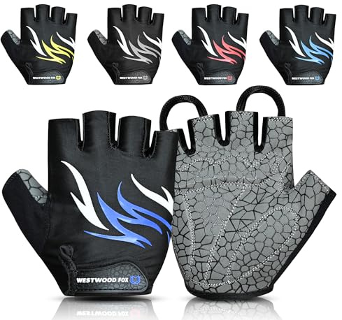 WESTWOOD FOX Cykelhandskar för män kvinnor - halkfria vadderade cykelhandskar med halvfinger, andningsbara, lätta, stötdämpande handflategrepp, bekväma MTB BMX Road Riding-handskar (Blue, XL)