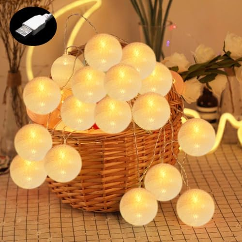 PORFOYO BaumwollkugelnLichterkette 6M, 40 LED, USB-Buchse, Hochzeit, Party, Deko
