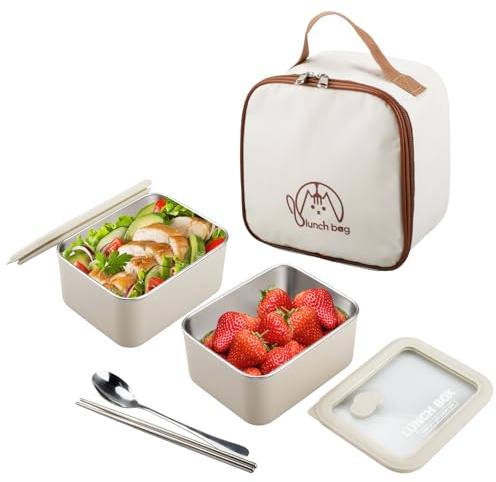 wocpvm 2 Pcs Stainless Steel Containers with Lids 600ml Bento Box | Beige insulated Bags and Cutlery Reusable, Stackable for Cheese, Charcuterie, and Picnics
