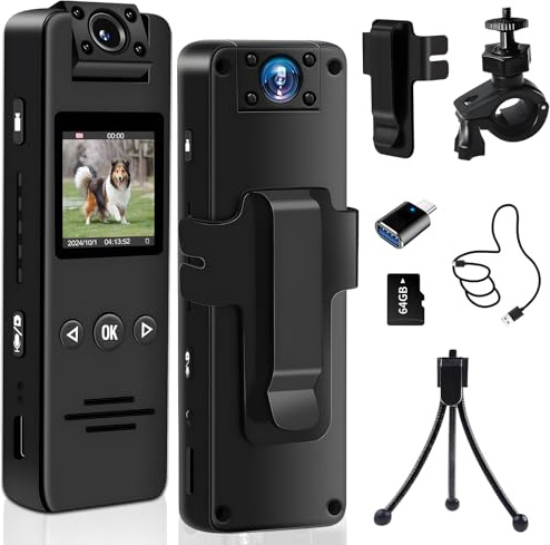 Körperkamera mit Audio-und Videoaufnahme, 1080P FHD, Mini-Polizei-Camcorder, Tragbar, 180° Drehbarem Objektiv, Nachtsicht, 64GB Bodycam Körperkamera Mini für Sport, Action, Outdoor-Videorecorder