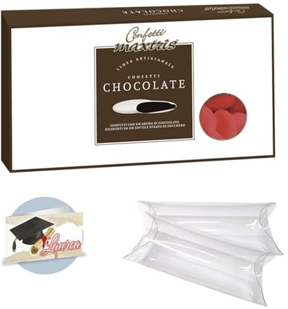 Doni Bomboniere Kit Confezione 1Kg Confetti Gusto Cioccolato Ricoperti colore Rosso + 50 pz Tubo PVC Portaconfetti Trasparenti + 50 pz Bigliettini Laurea Tocco Triennale Fai da Te Made in Italy