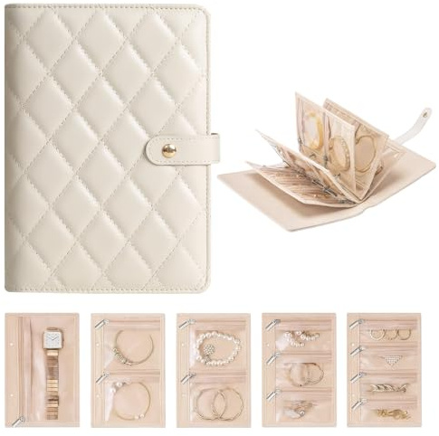 KWJEIULSOQ Travel Jewellery Organiser, Foldable Travel Jewellery Storage Book Ring Binder with 5pcs Velvet Jewellery Pouches Bag for Earring Rings Necklace Bracelets