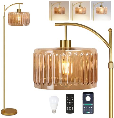 QIYIZM Glas-Stehlampe für Wohnzimmer, Schlafzimmer, goldfarben, dimmbar, Stehleuchte mit Fernbedienung, Mitte des Jahrhunderts, moderne Messing-Lampe, Boho, Vintage, Retro, Stehlampen, Bogen