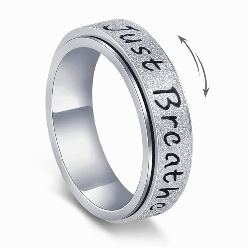 LANJORXU Fidget Spinner Rings for Women Men,Just Breathe Anxiety Ring 6mm, Stainless Steel Stress Relief Ring for Anxiety,Gift for Friendship,Calming,a classic silveror a luxurious 18k gold plated,Size 6-10 (Silver, 7)