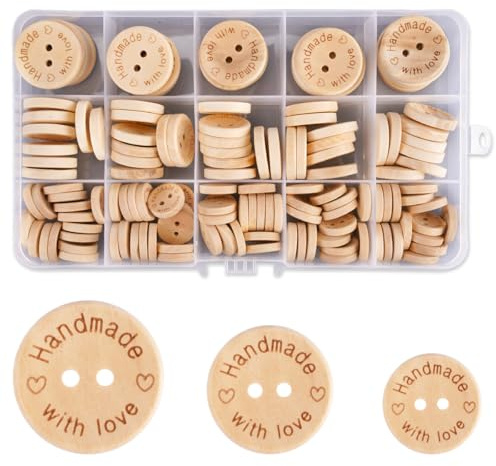 140 Stück Holzknöpfe 15mm/20mm/25mm, 2 Löcher Handmade Holz Knöpfe mit 1 Aufbewahrungsbox, 'Handmade with Love', Kinderknöpfe, Runde Kleine Knöpfe, zum Nähen und Basteln von DIY Dekorationen