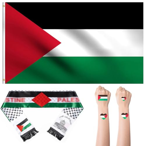 Bandiera Palestina 150 x 90 cm + Sciarpa Palestina 135 x 14 cm Sciarpa Unisex +5PCS Autocollant Tatouage Imperméable Représentant le Drapeau du Pakistan