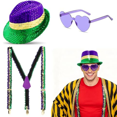 BOZILY Mardi Gras Headwear Carnival Party Set - Hat, Suspenders & Glasses For Men And Women, Colorful Accessories for Carnivals, Gift & Complete Costume Kit