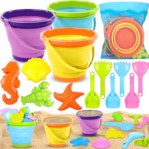 CYJJYZ 14 stycken sandleksaksset, sandlåda leksaker, sandlåda strandleksaker, med vikbar hink, sandskopa, sandformar, nätpåse strand för barn pojkar flickor, sandfest