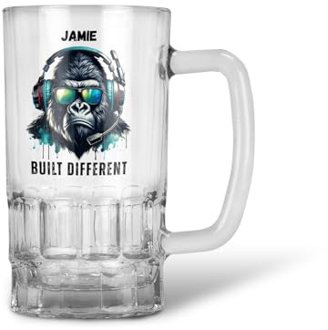 Personalised Gorilla Gamer Gaming Design for 18th 21st 30th 40th Birthday 20oz Pint Glass Beer Mug Stein Tankard - Dishwasher Safe (Print with Handle on Right, No Gift Box)
