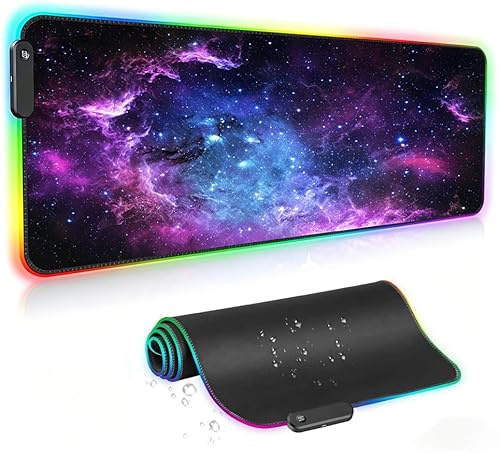AILRINNI RGB Gaming Mouse Mat Pad, 35.4 * 15.7 Inch LED Glowing Keyboard Mouse Pad with 12 Light Modes Non-Slip Rubber and Waterproof Surface Large Extended Mouse Mat for Gaming PC Laptop Desk Galaxy