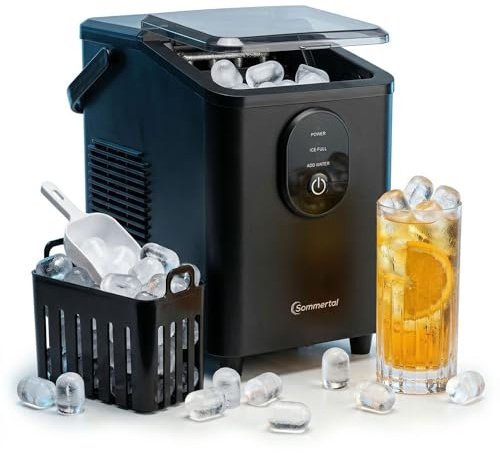 Sommertal EM12S Eiswürfelmaschine | 12kg/24h, selbstreinigend & leise | Ice Maker, 0,3kg Bullet-Eiswürfel in 20 Min, mit Griff, Eiswürfelbereiter für Küche, Bar, Büro, Party & Gastronomie