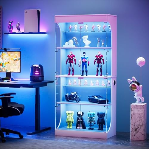 QMTXBYJ 165cm Glasvitrine Stehend mit LED & Intelligente Sensorik, 4-stufige Sammlervitrine, Vitrinenschrank mit Glastüren & verstellbaren Regal, Glas Standvitrine Bücherschrank für Wohnzimmer/Büro