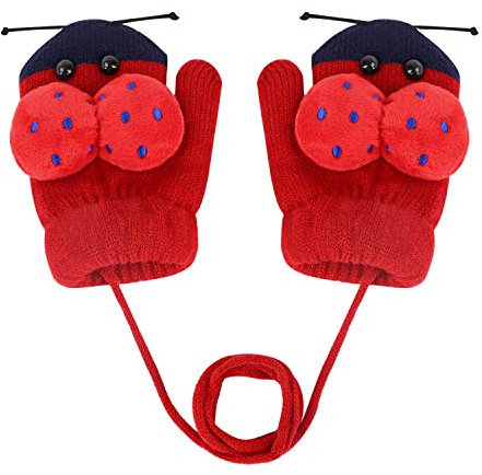 RUIXIB Kinder Handschuhe Strickhandschuhe Winter Baby Fausthandschuhe Niedlich Karikatur Marienkäfer Vollfinger Halshandschuhe Outdoor Warme Fäustlinge Kinderhandschuhe für 1-5 Jahre